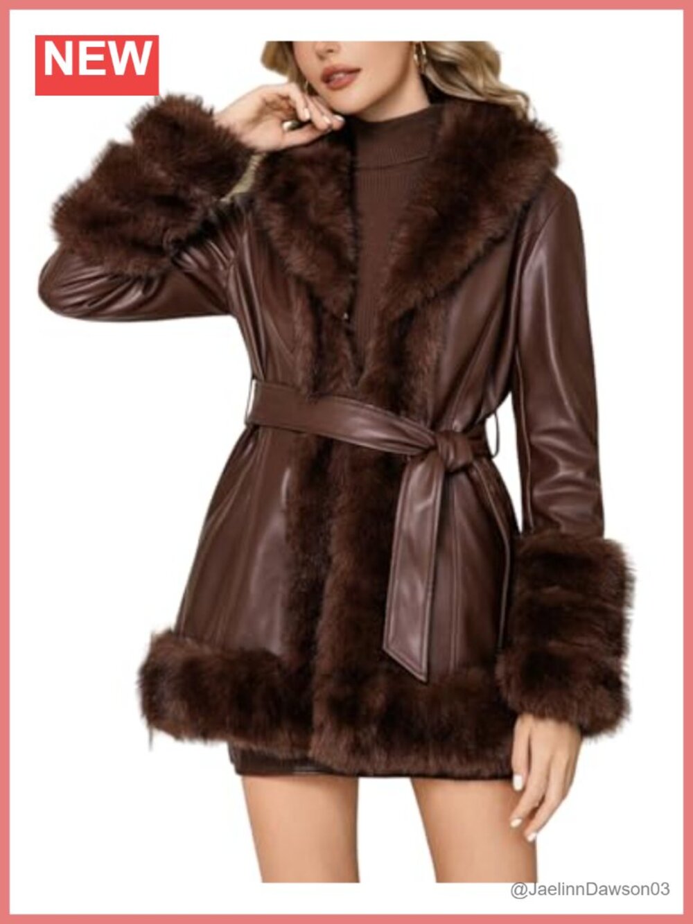 Faux Fur Leather Jacket Fur Lined Parka Belted Overcoat